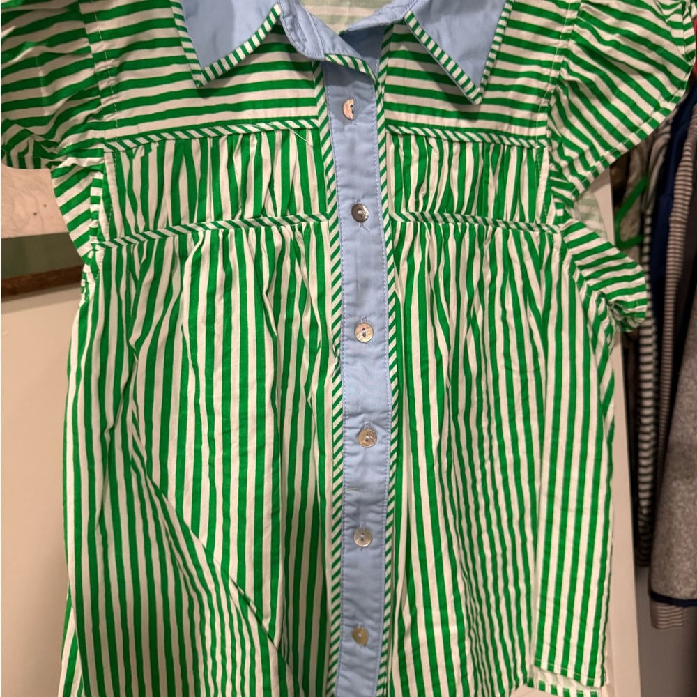 Entry Green & White Striped Button-Front Top with Light Blue Trim